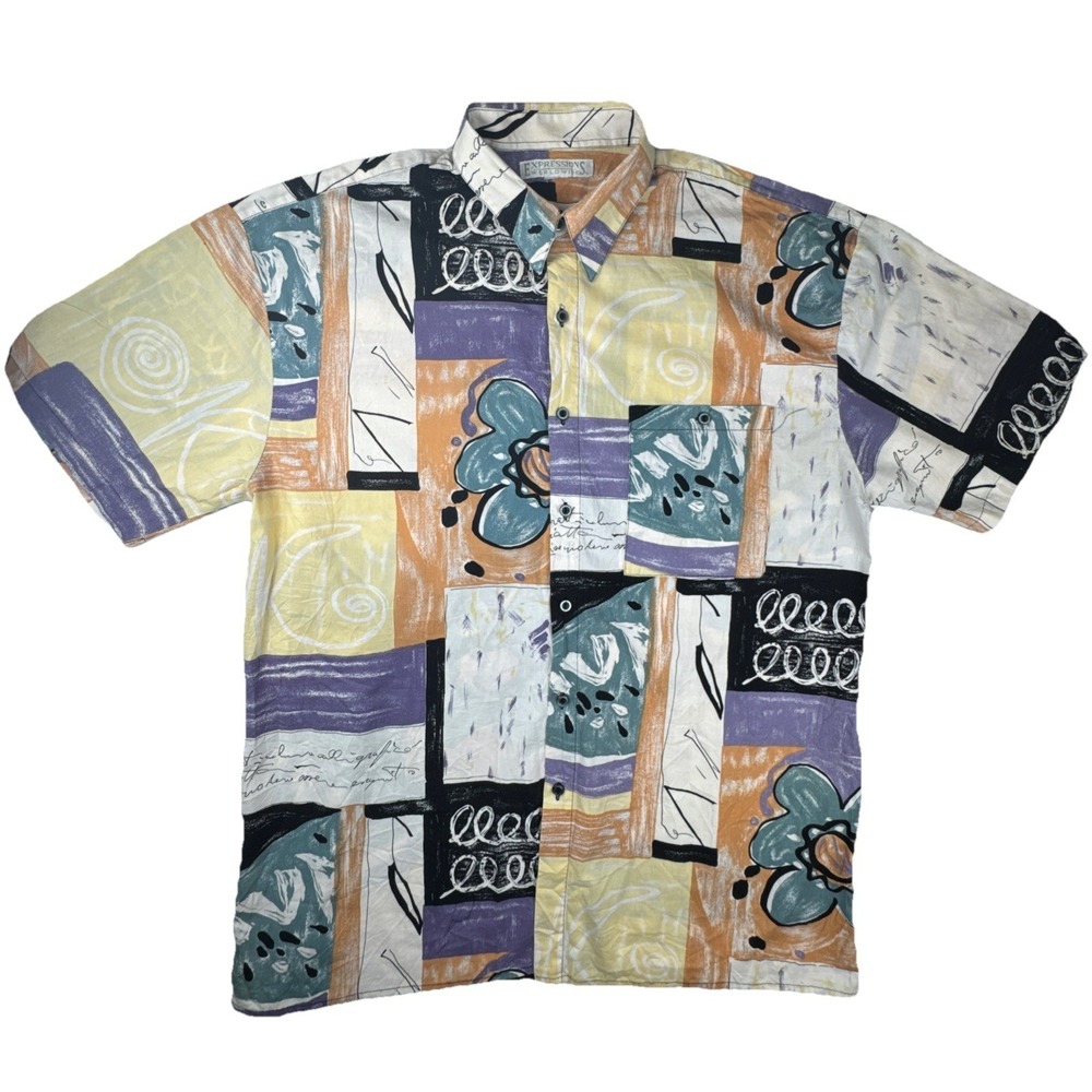Expressions Mens Shirt L Abstract Geometric Retro 90s Short Sleeve Button‎ Up